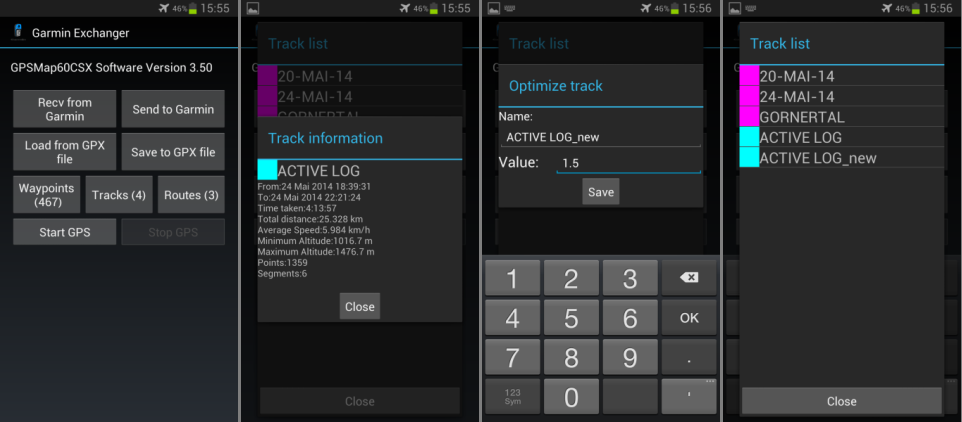 Vom Android Smartphone mit Garmin Exchanger GPX Datein ins 60CSx laden, kopieren und downloaden