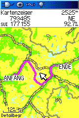 Auf der Karte wird jetzt der GPS Track (hier Magneta) angezeigt