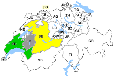 Landkarte der Schweiz mit den Kantonen Bern Feiburg Waadt
