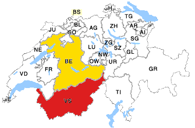 Landkarte Schweiz mit Kanton Bern und Wallis