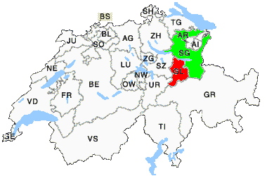 Landkarte Schweiz mit Kanton Glarus und Sankt Gallen