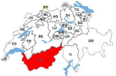 Schweizerkarte mit Kanton Wallis Valais Schweiz