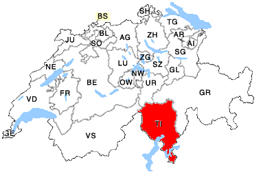 Kanton Tessin auf der Schweiz mit Kanton Tessin in der Schweizer Landkarte