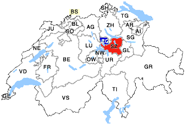 Schweizer Landkarte mit dem Kanton Zug und Kanton Schwyz