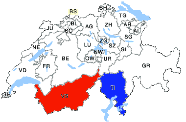 Landkarte Schweiz mit Kanton Wallis und Tessin
