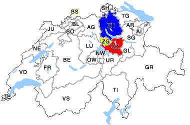 Die Schweizer Landkarte mit Kanton Zug und Zürich Schwyz wo die Tour durchführt
