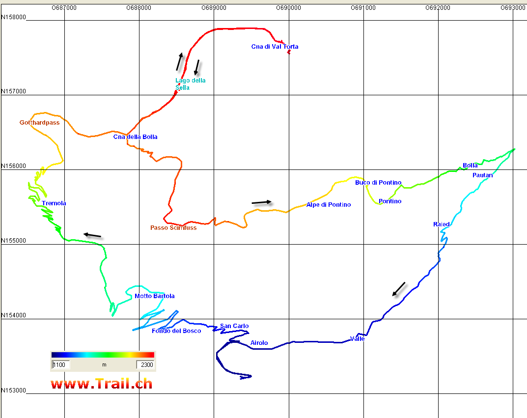 Landkarte zur Tour: Airolo - Tremola - Gotthardpass - Lago della Sella - Pass Scimfuss - Val Canaria