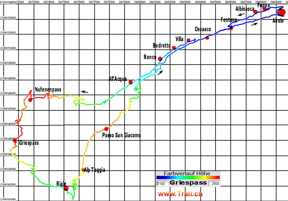 Landkarte zur Biketour Airolo Nufenenpass Griespass Passo San Giacomo Airolo 